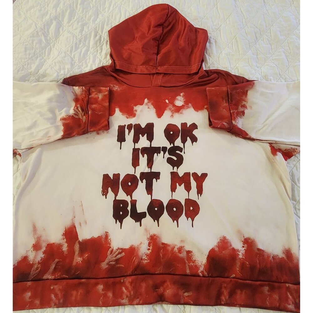 TEMU RED & WHITE "I'M OK IT'S NOT MY BLOOD" PRINTED HOODIE
